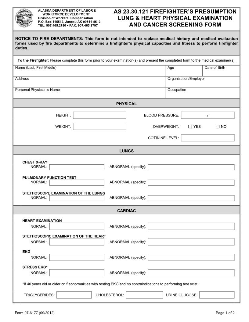 Firefighters Lung And Heart Physical Examination And Cancer Screening {Form 07-6177} | Pdf Fpdf Docx | Alaska