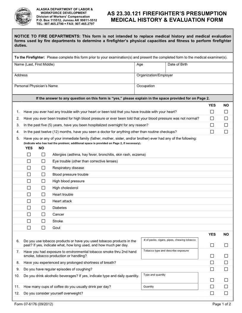 Firefighters Medical History And Evaluation {Form 07-6176} | Pdf Fpdf Docx | Alaska