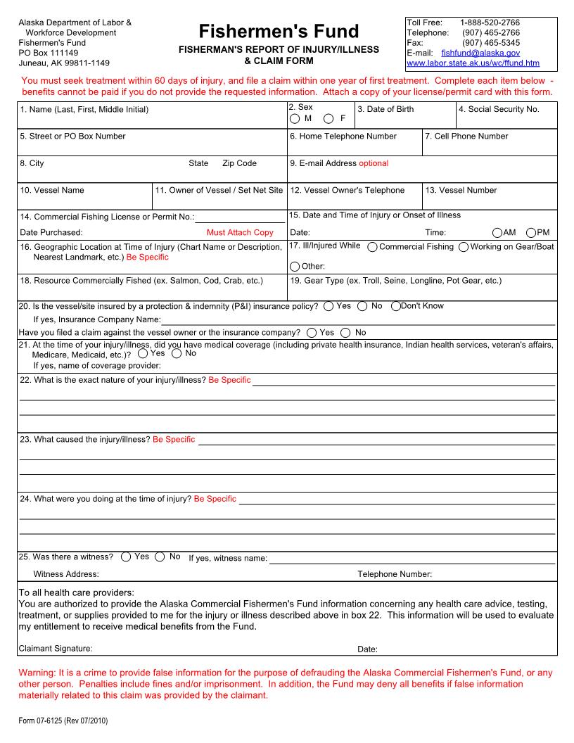 Fishermens Fund Claim Form {Form 07-6125} | Pdf Fpdf Docx | Alaska