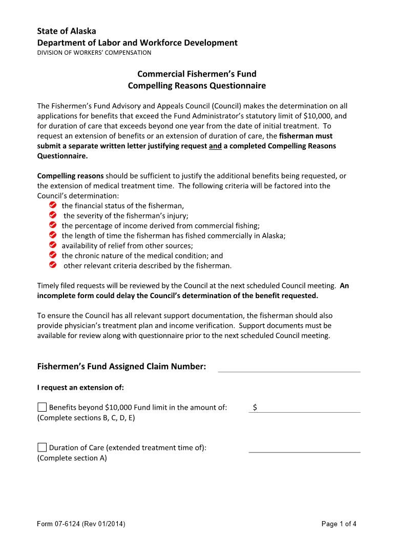 Fishermens Fund Compelling Reasons Questionnaire (Form 07-6124} | Pdf Fpdf Docx | Alaska