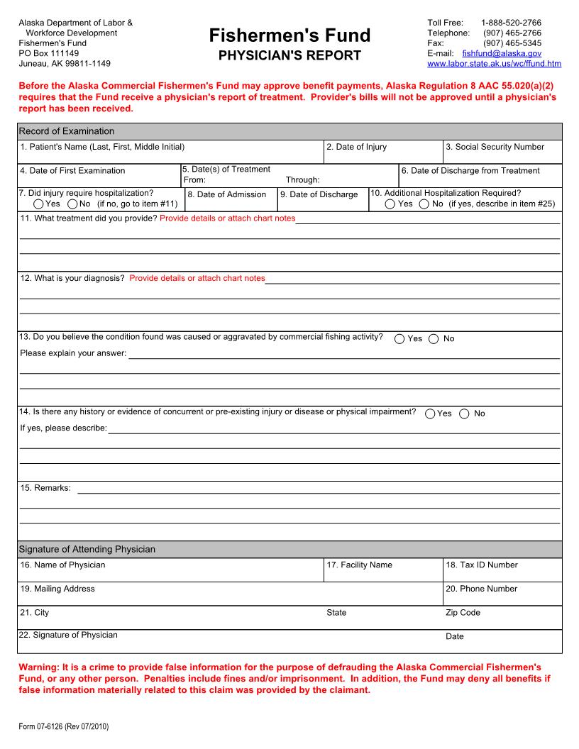 Fishermens Fund Physicians Report {Form 07-6126} | Pdf Fpdf Docx | Alaska