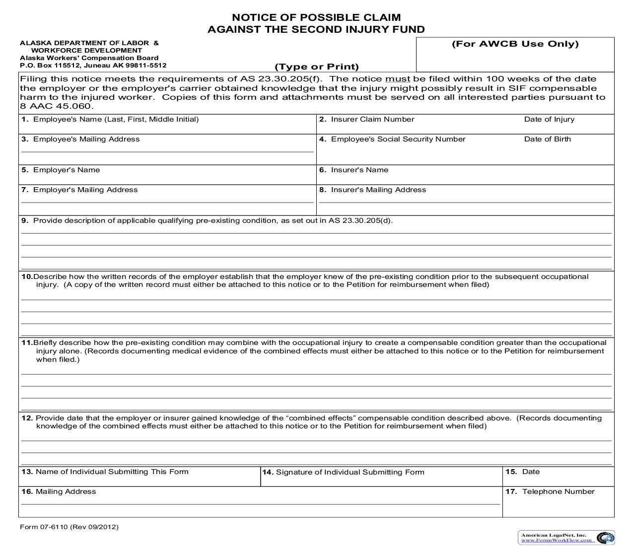Notice Of Possible Claim Against The Second Injury Fund {07-6110} | Pdf Fpdf Doc Docx | Alaska