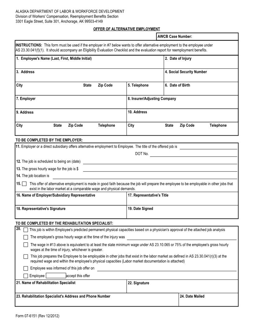 Offer Of Alternative Employment {Form 07-6151} | Pdf Fpdf Docx | Alaska