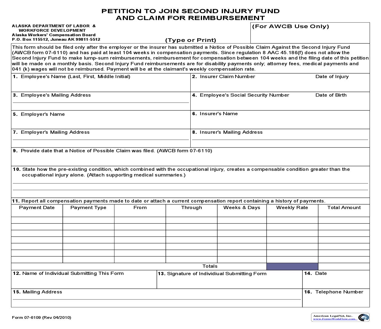 Petition To Join Second Injury Fund And Claim For Reimbursement {07-6109} | Pdf Fpdf Doc Docx | Alaska