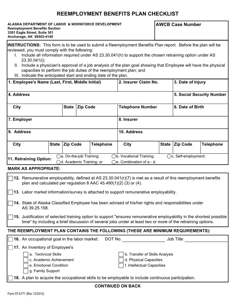 Reemployment Benefits Plan Checklist {Form 07-6171} | Pdf Fpdf Docx | Alaska