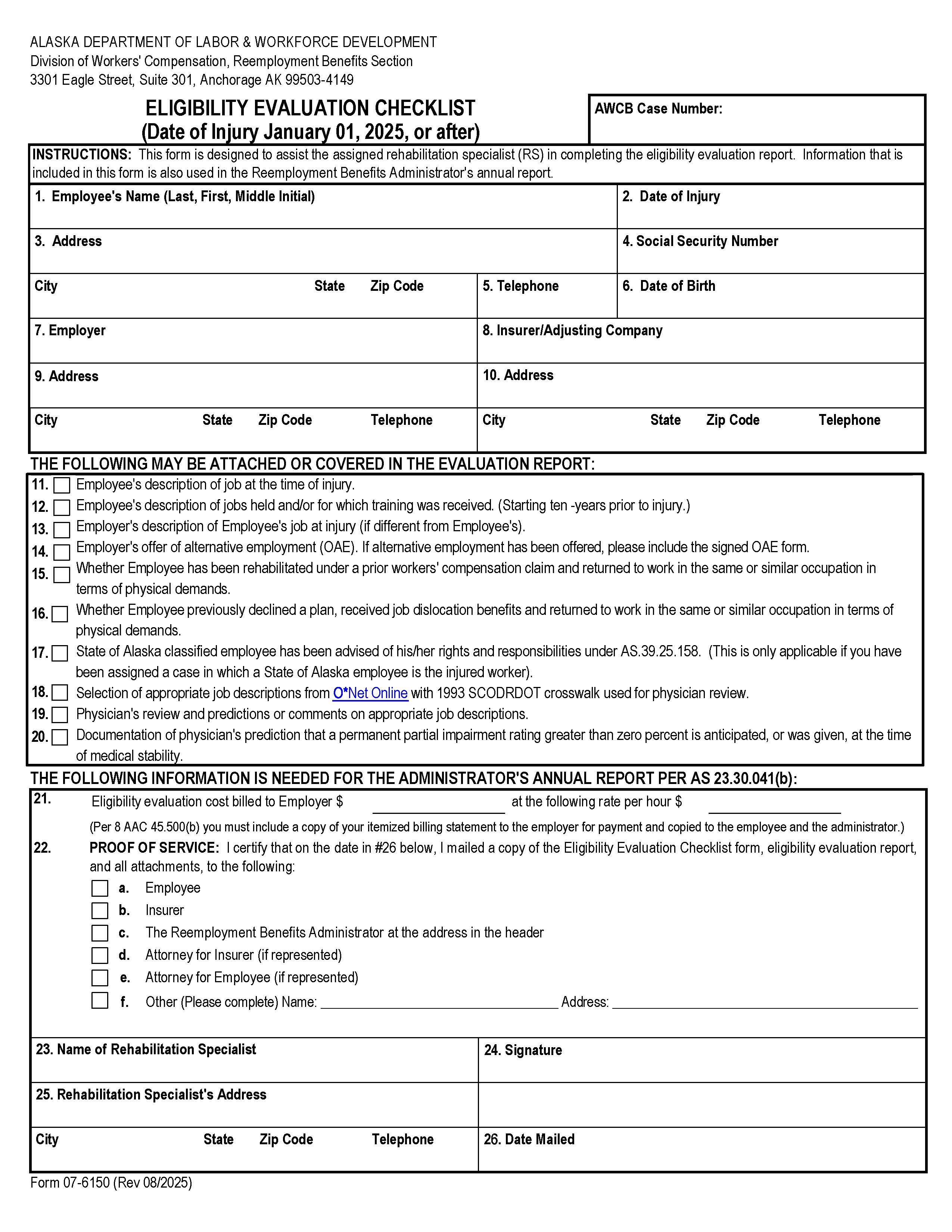 Reemployment Eligibility Evaluation Checklist {Form 07-6150} | Pdf Fpdf Docx | Alaska