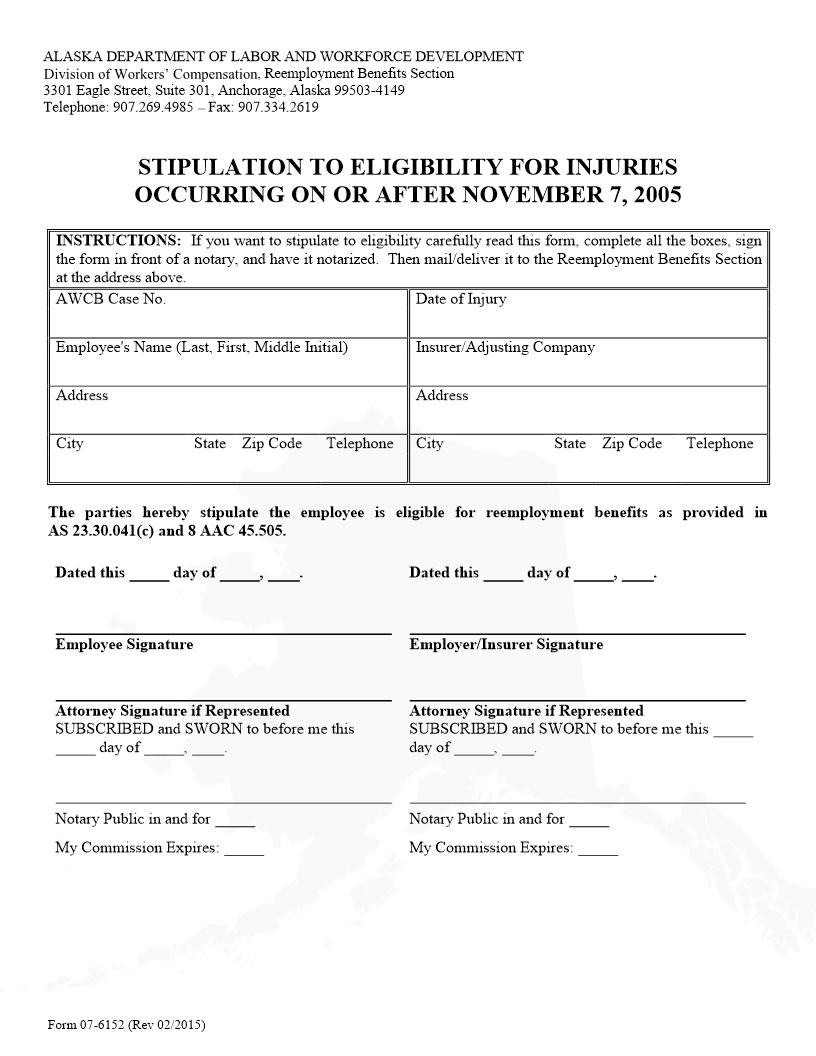 Reemployment Stipulation To Eligibility For Injuries {Form 07-6152} | Pdf Fpdf Docx | Alaska