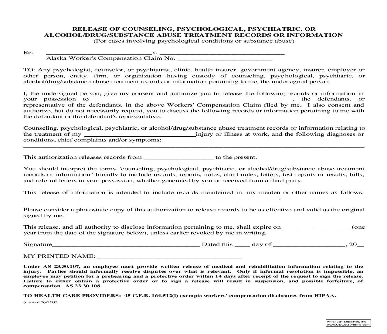 Release Of Counseling Psych Psychiatric Or Alcohol Drug Substance Abuse Treatment Records Or Info | Pdf Fpdf Doc Docx | Alaska