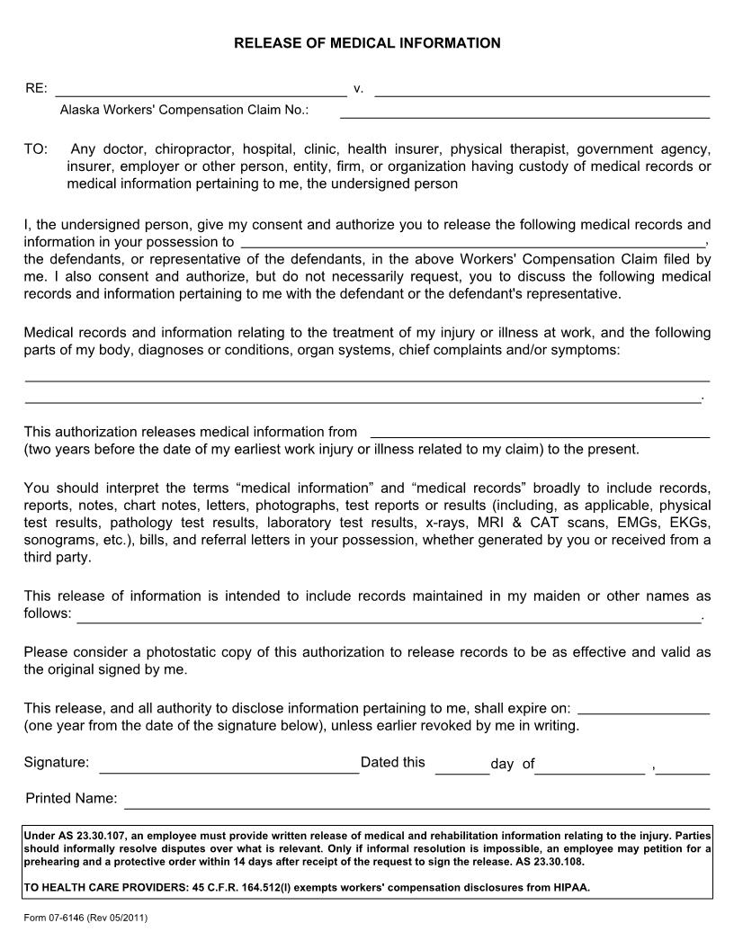 Release of Medical Information {Form 07-6146} | Pdf Fpdf Docx | Alaska