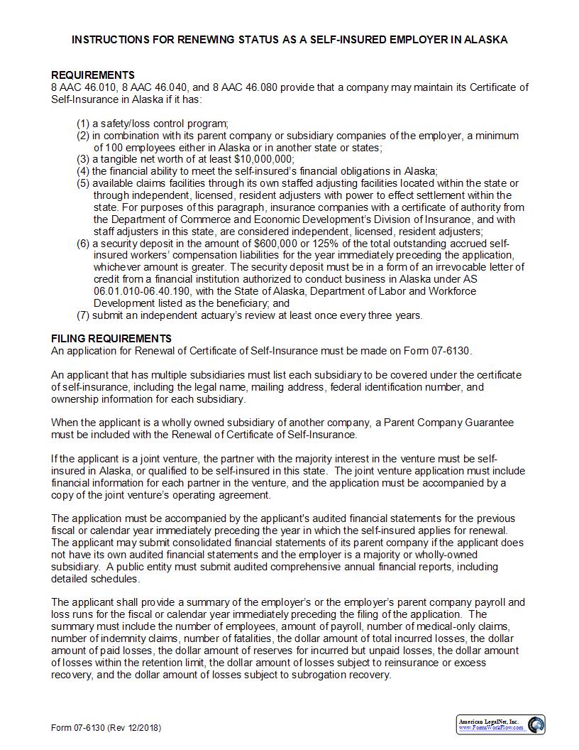 Renewal Certificate Of Self Insurance {07-6130} | Pdf Fpdf Docx | Alaska