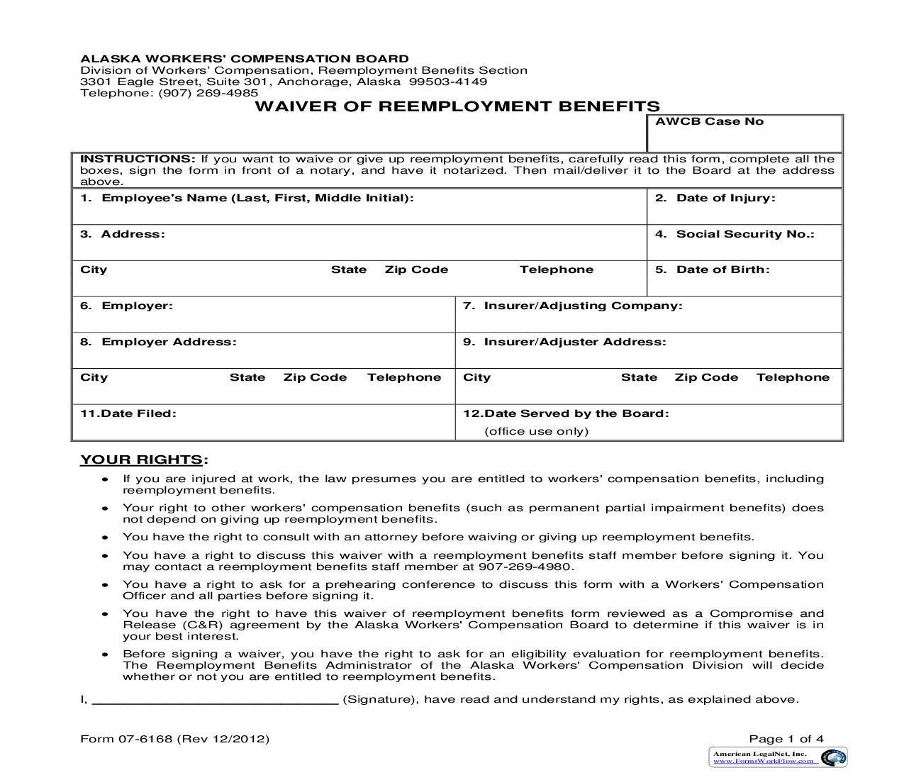 Waiver Of Reemployment Benefits {07-6168} | Pdf Fpdf Doc Docx | Alaska