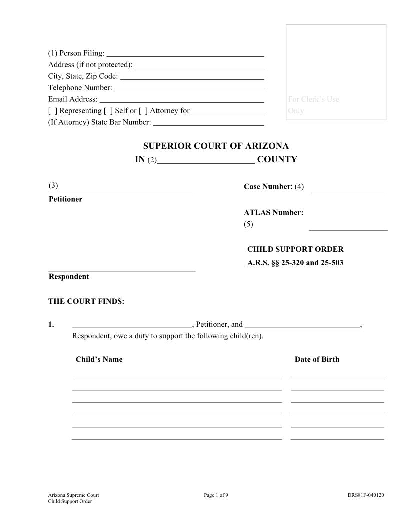Child Support Order {DRS81F} | Pdf Fpdf Docx | Arizona