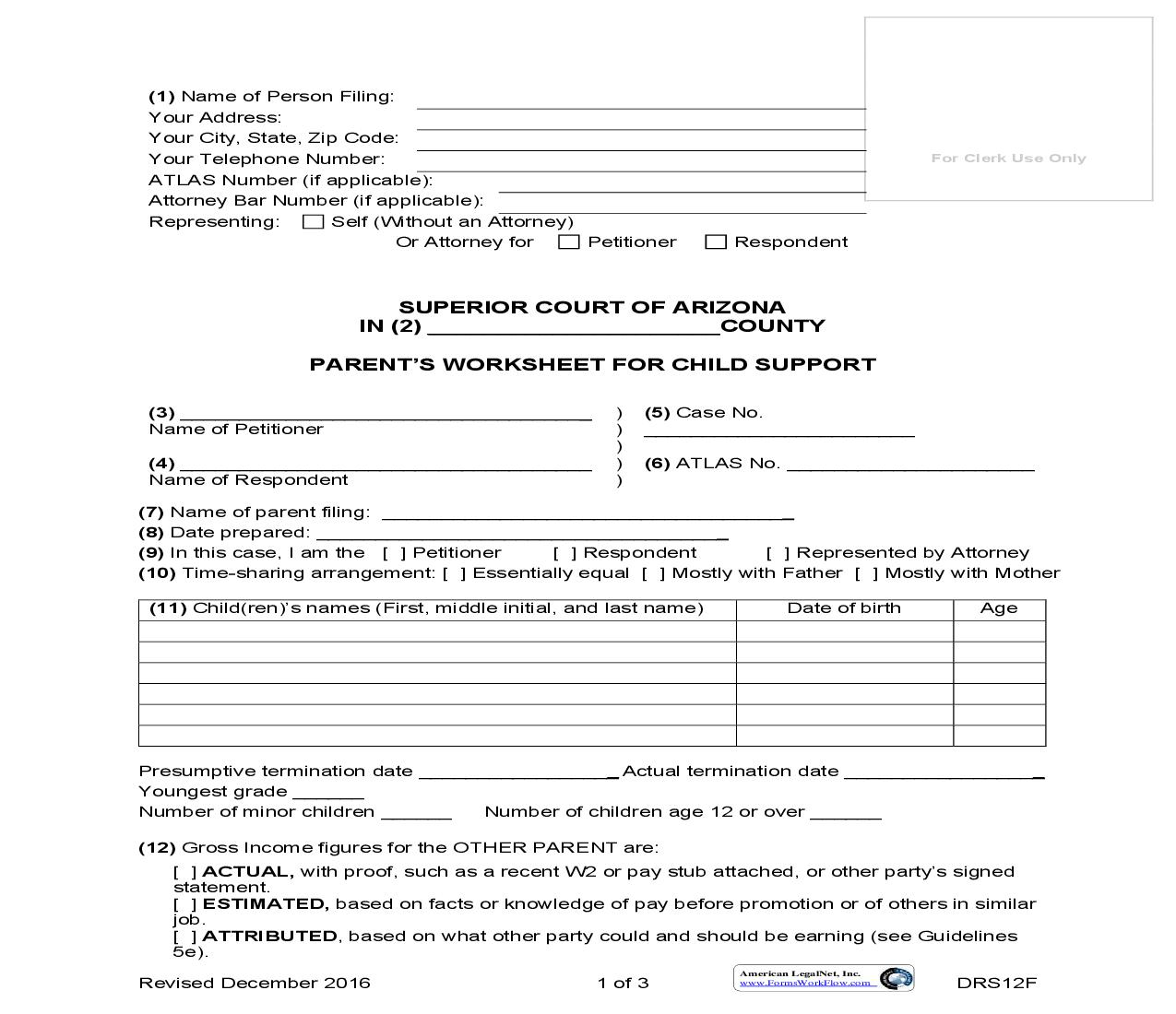 Parents Worksheet For Child Support {DRS12F} | Pdf Fpdf Doc Docx | Arizona