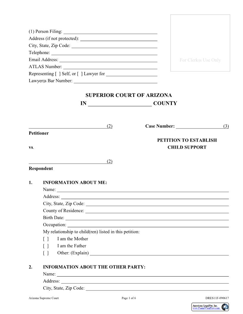 Petition To Establish Child Support {DRES11F} | Pdf Fpdf Doc Docx | Arizona