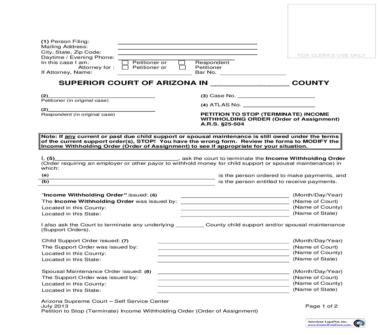 Petition To Stop (Terminate) Income Withholding Order (Order Of Assignment) {DRSW11F} | Pdf Fpdf Doc Docx | Arizona
