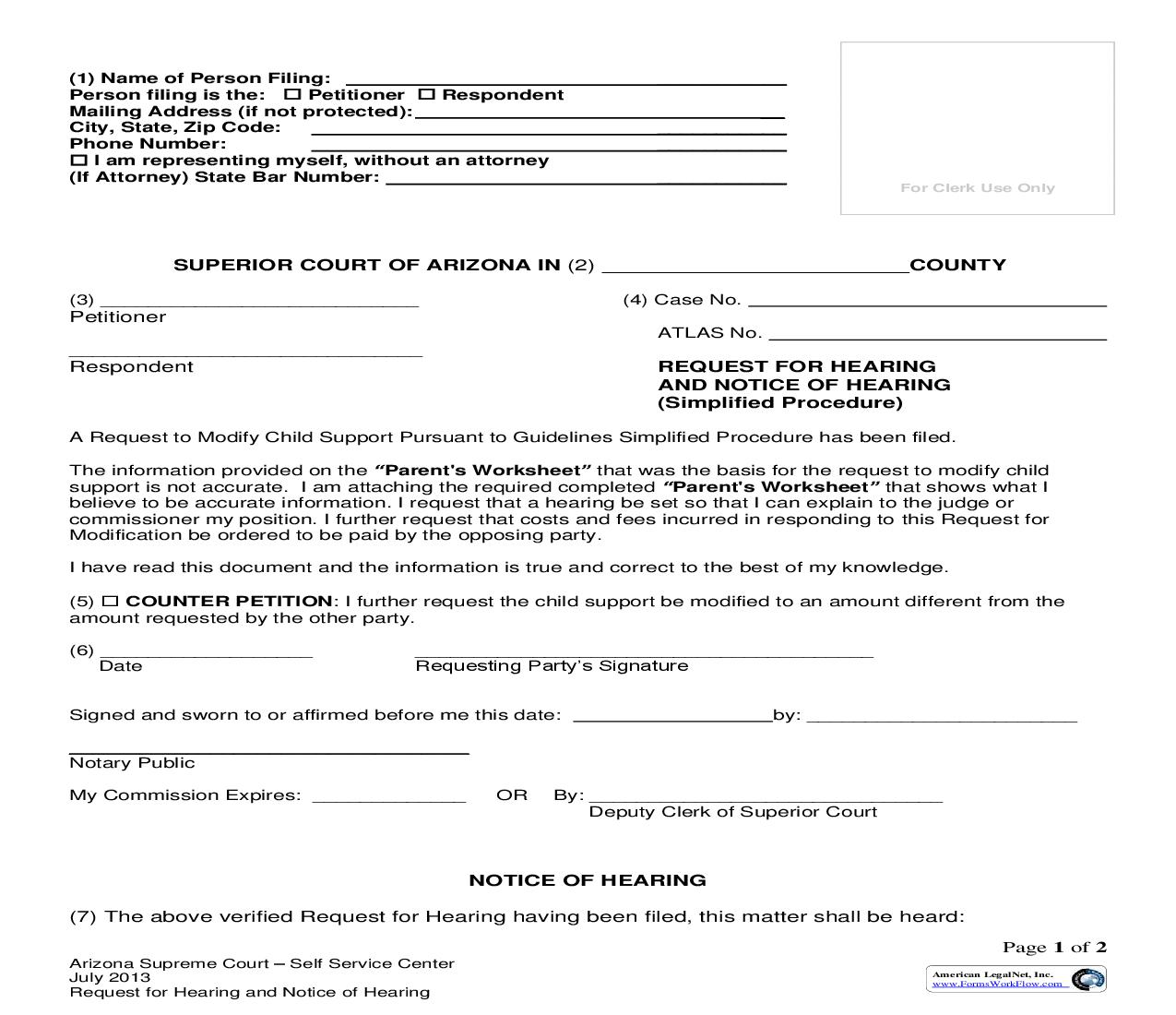 Request For Hearing And Notice Of Hearing (Simplified Procedure) {AOC DRSP6F} | Pdf Fpdf Doc Docx | Arizona