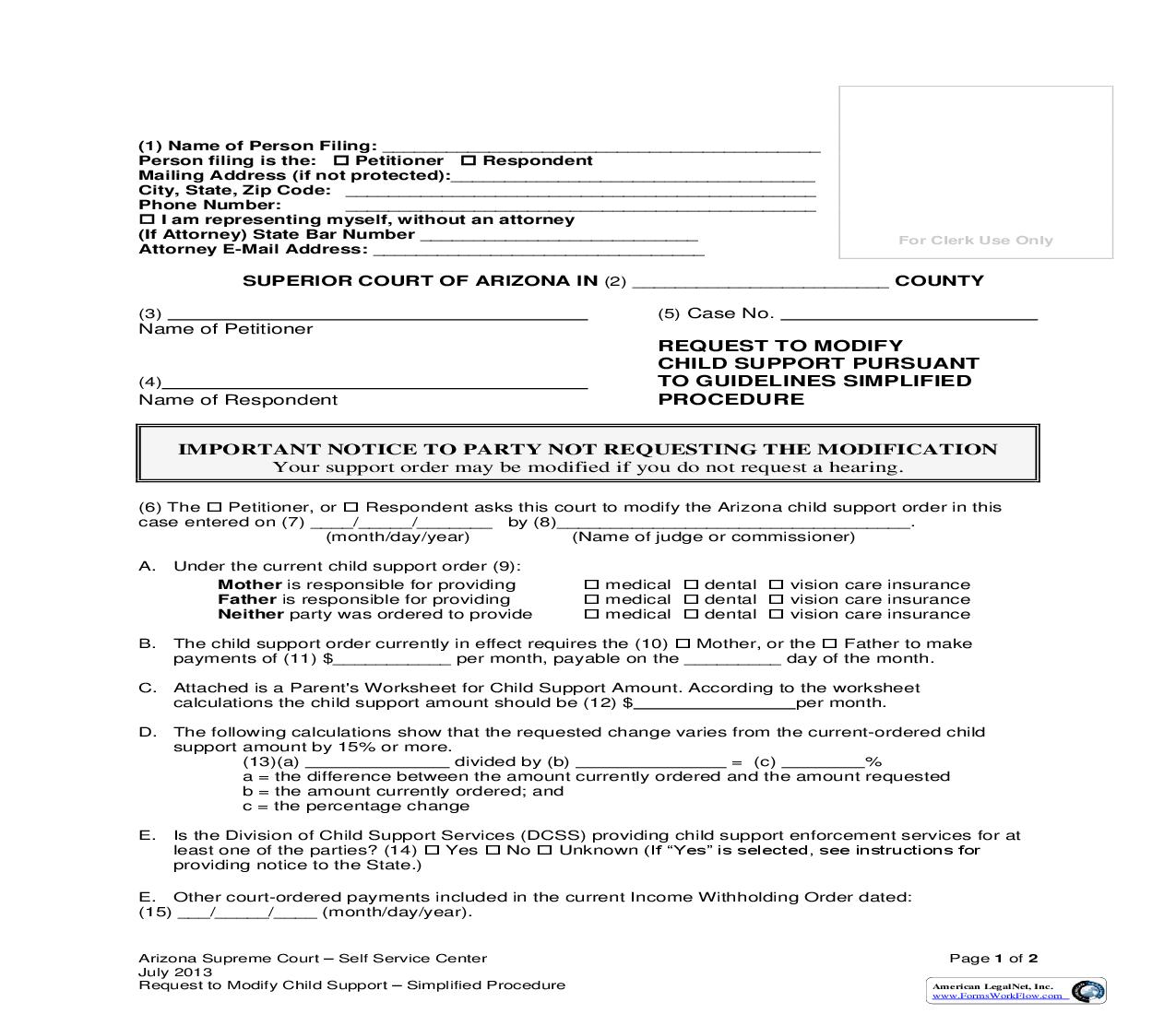 Request To Modify Child Support Pursuant To Guidelines Simplified Procedure {DRMSS11F} | Pdf Fpdf Doc Docx | Arizona