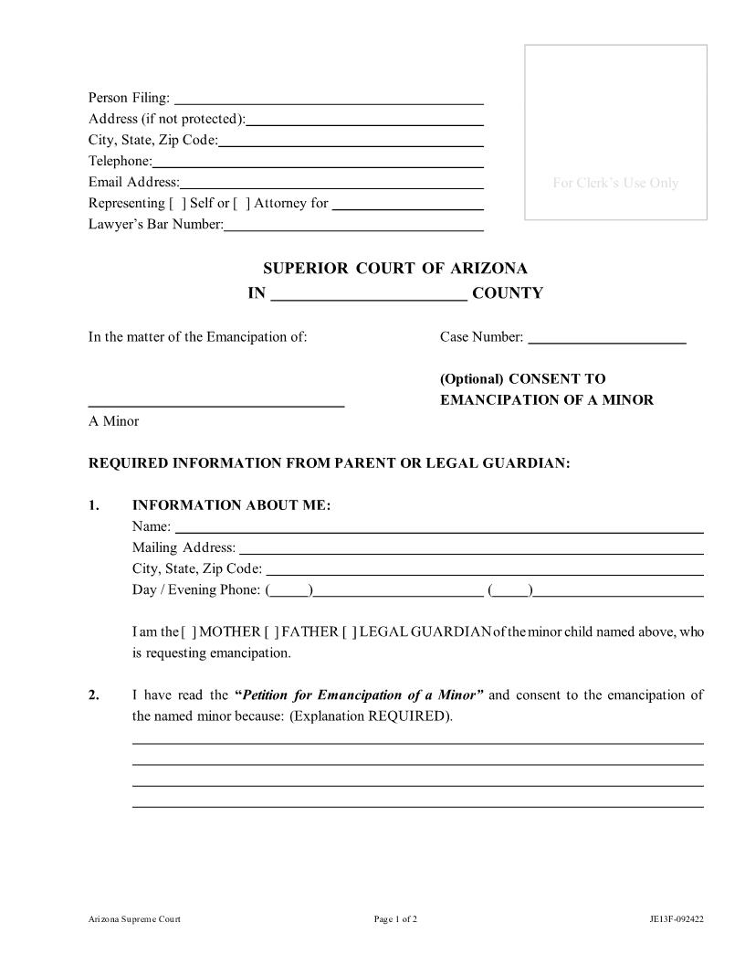 Consent To Emancipation Of A Minor {JE13F} | Pdf Fpdf Docx | Arizona