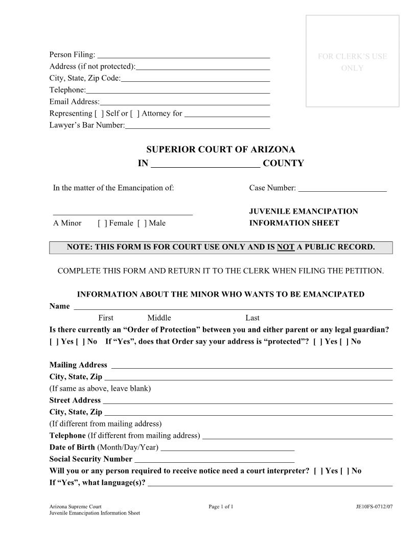 Juvenile Emancipation Information Sheet {JE10F} | Pdf Fpdf Docx | Arizona