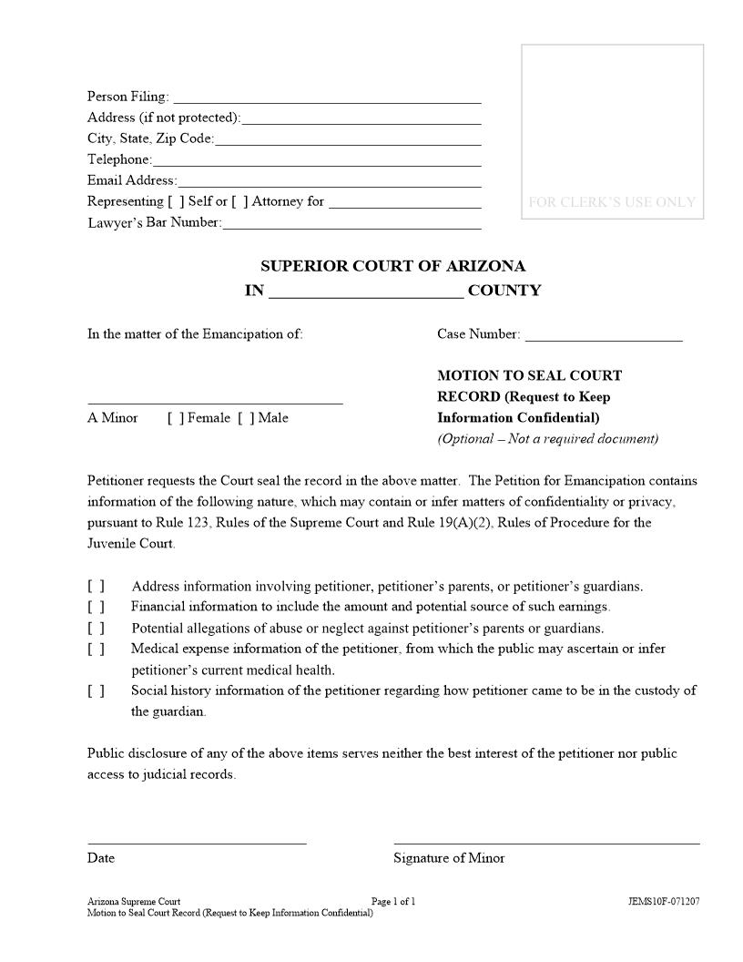 Motion To Seal Court Record {JEMS10F} | Pdf Fpdf Docx | Arizona