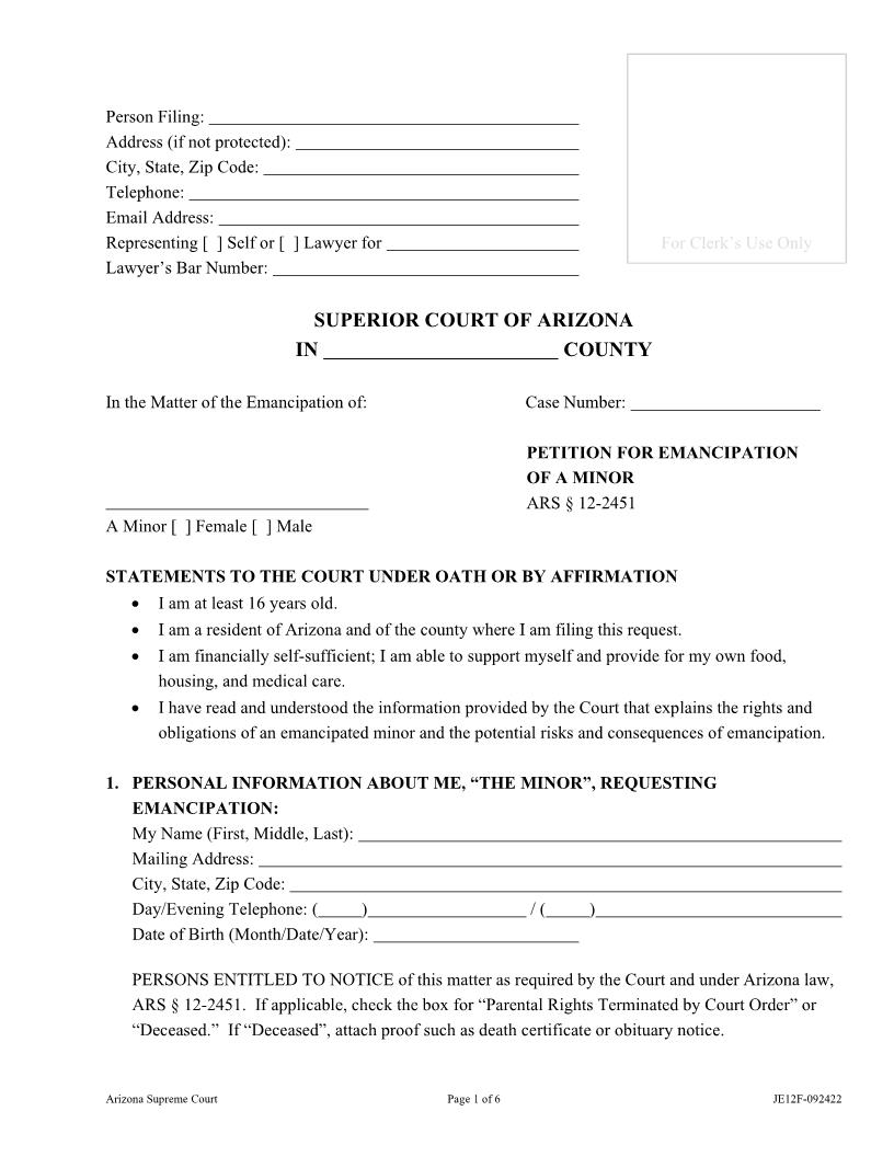 Petition For Emancipation Of A Minor {JE12F} | Pdf Fpdf Docx | Arizona
