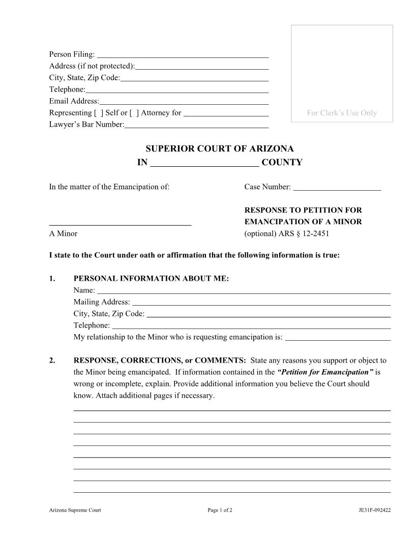 Response To Petition For Emancipation Of A Minor {JE31F} | Pdf Fpdf Docx | Arizona