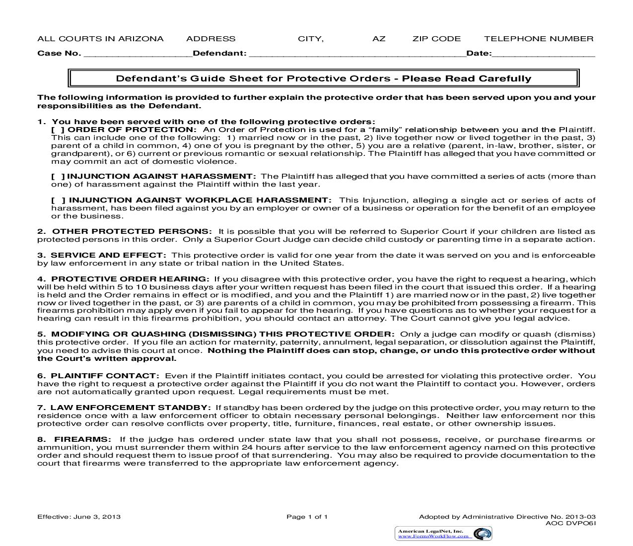 Defendants Guide Sheet For Protective Orders {AOC DVPO6I} | Pdf Fpdf Doc Docx | Arizona