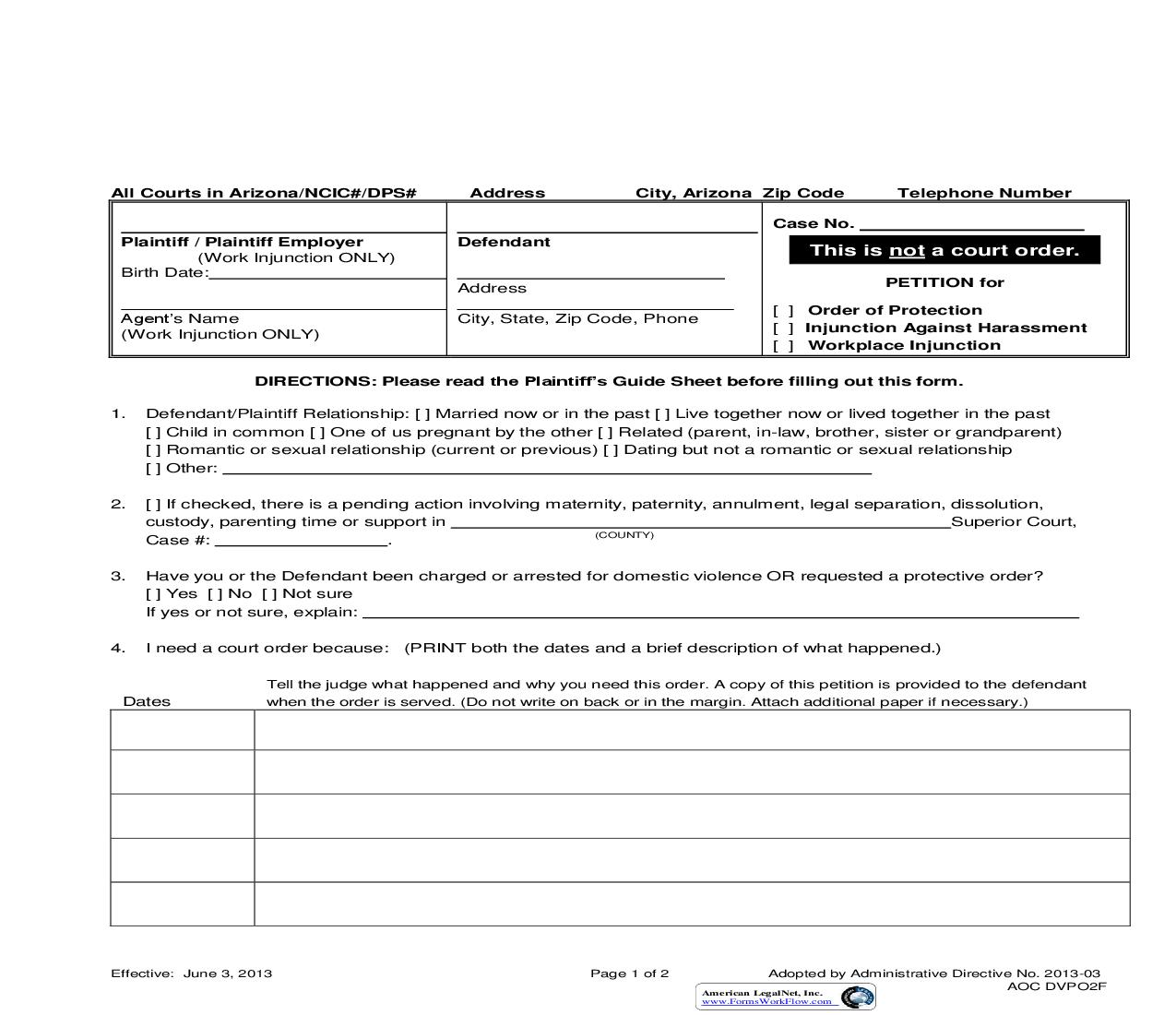Petition For Order Of Protection-Injunction Against Harassment-Workplace Injunction {AOC DVPO2F} | Pdf Fpdf Doc Docx | Arizona