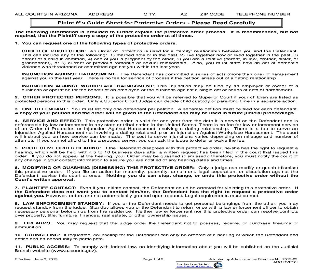 Plaintiffs Guide Sheet For Protective Orders {AOC DVPO1I} | Pdf Fpdf Doc Docx | Arizona