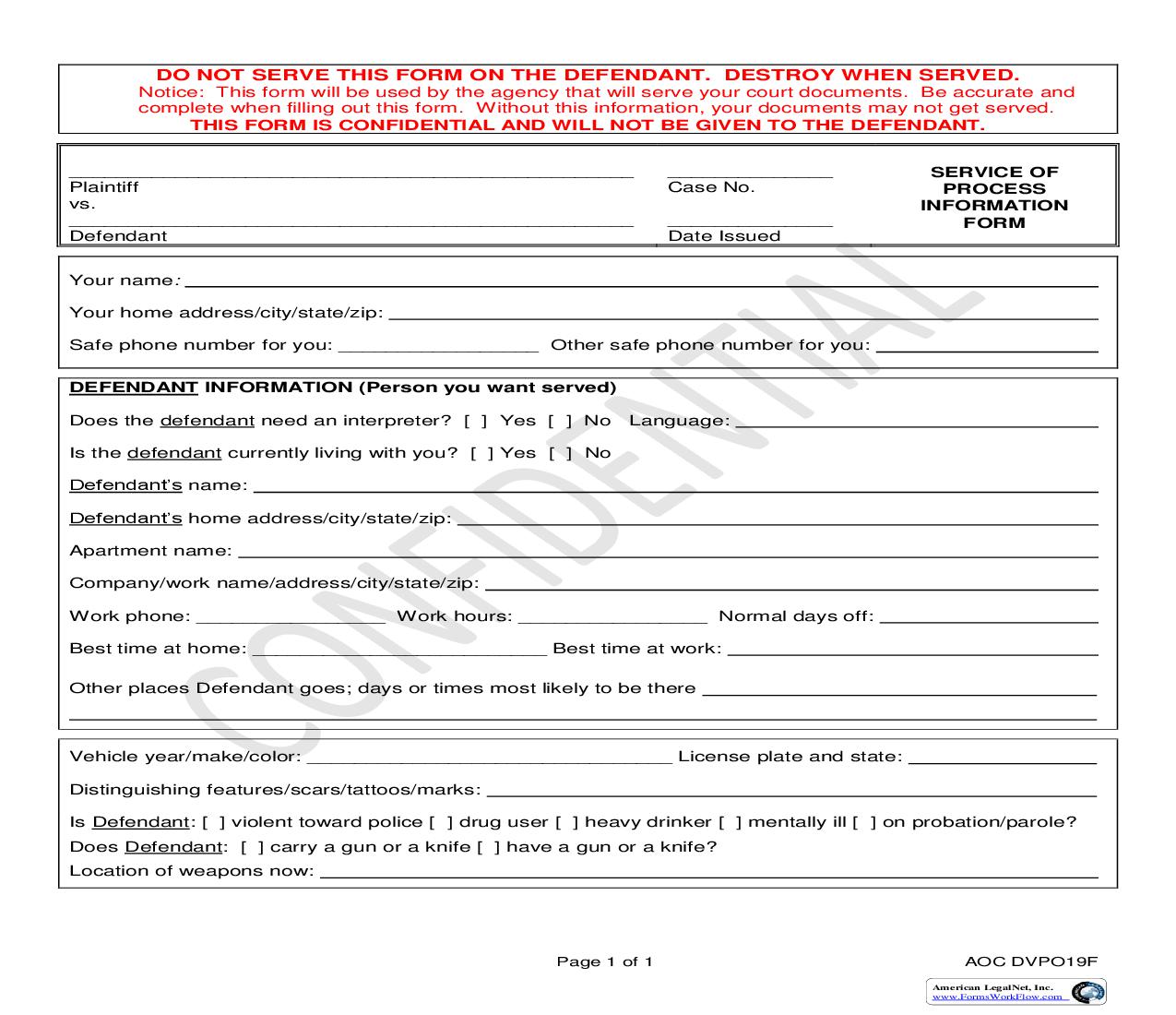 Service Of Process Information Form {AOC DVPO19F} | Pdf Fpdf Doc Docx | Arizona