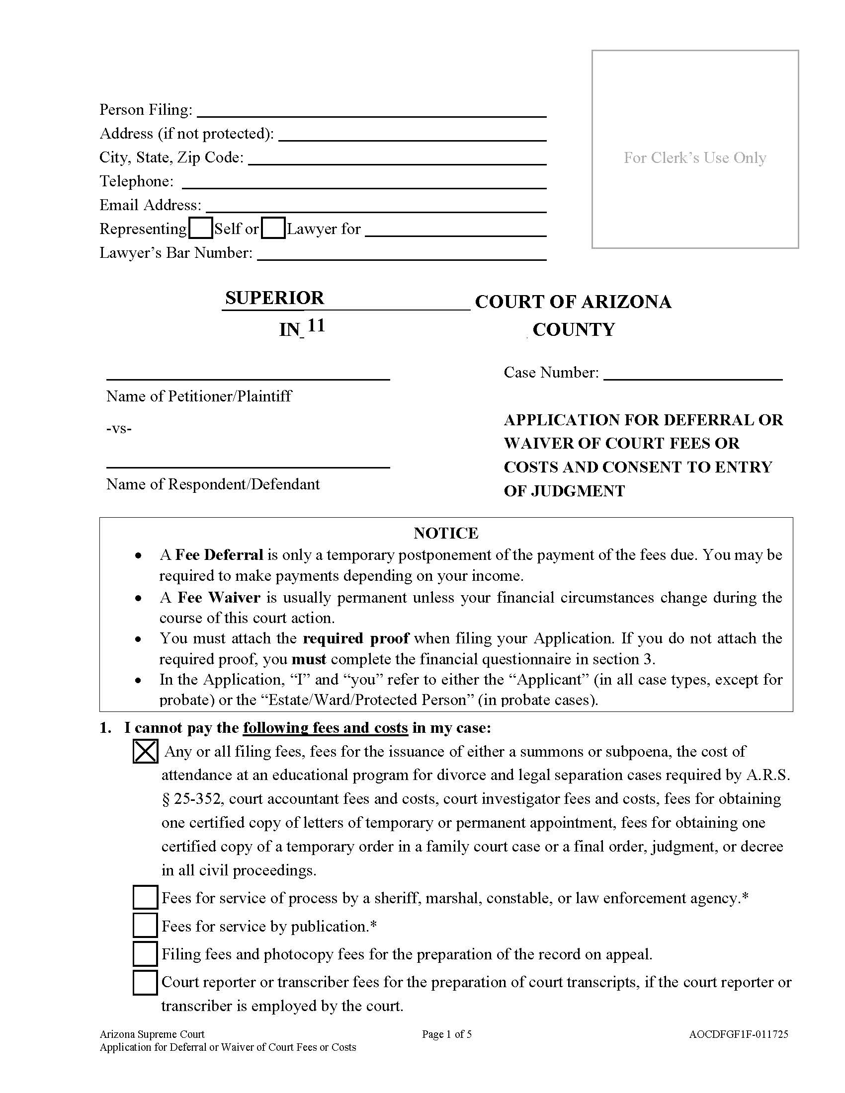 Application For Deferral Or Waiver Of Court Fees And Costs And Consent To Entry Of Judgment {AOCDFGF1F} | Pdf Fpdf Doc Docx | Arizona