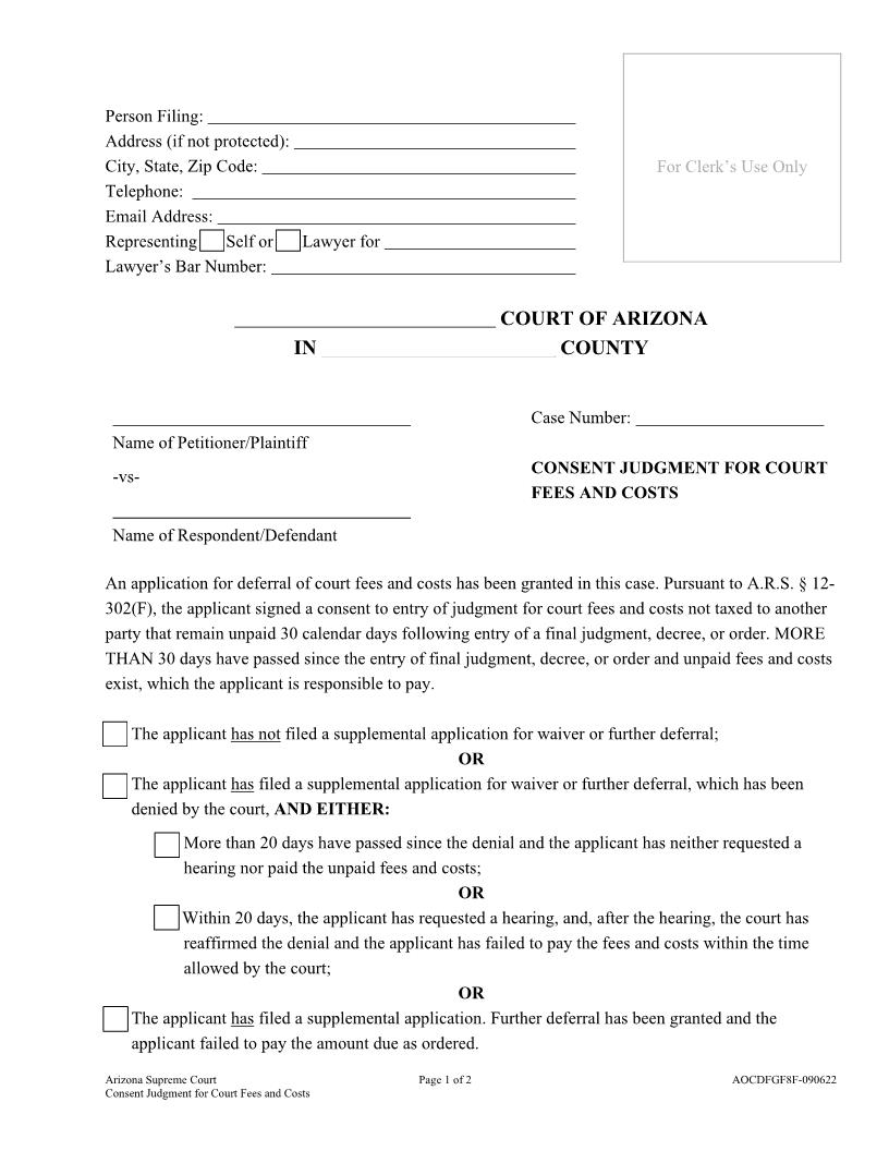 Consent Judgment For Court Fees And Costs {AOC DFGF8F} | Pdf Fpdf Docx | Arizona