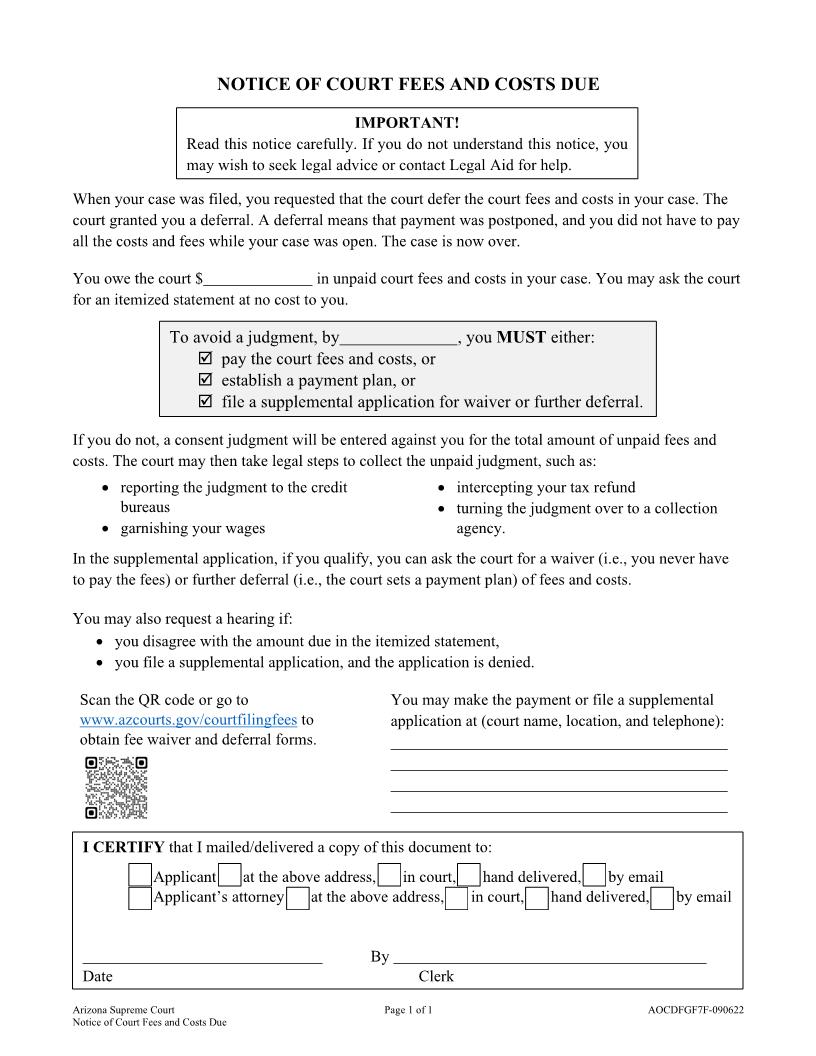 Notice Of Court Fees And Costs Due {AOC DFGF7F} | Pdf Fpdf Docx | Arizona