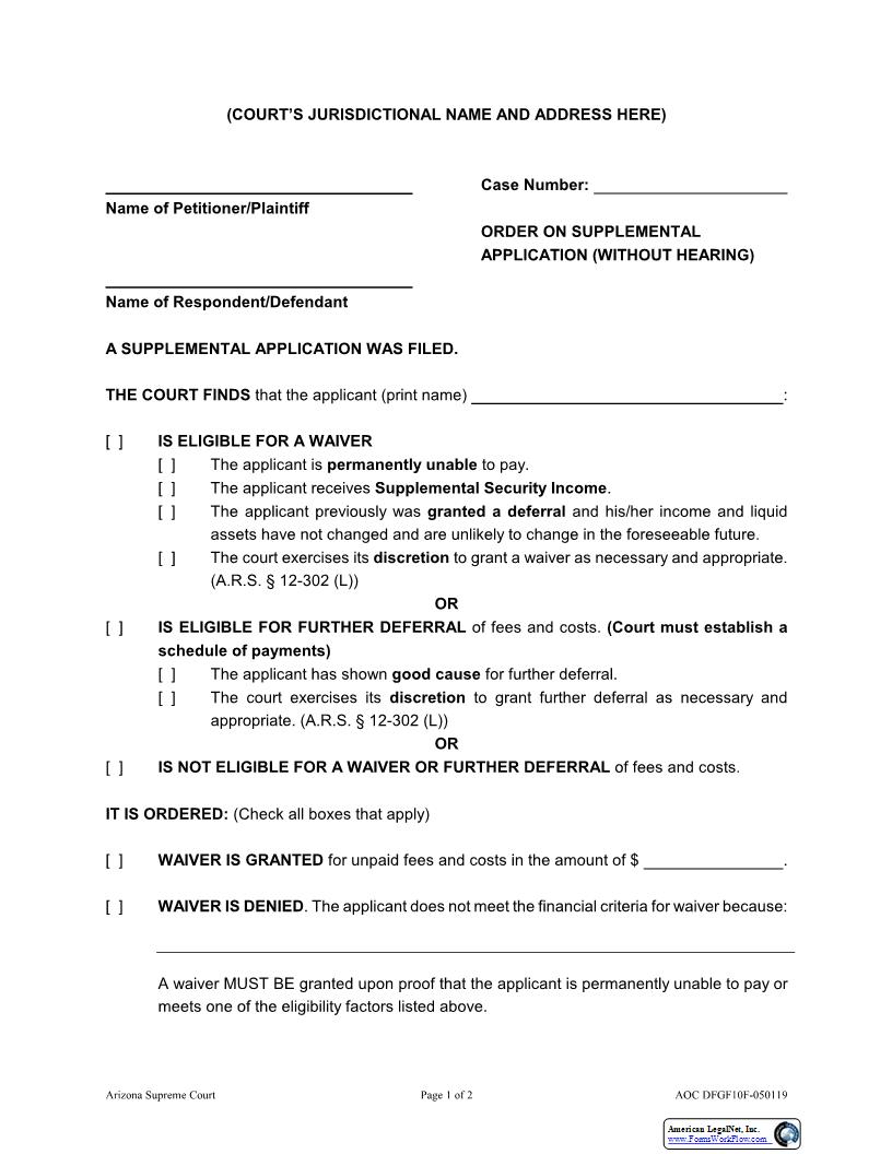 Order On Supplemental Application (Without Hearing) {AOC DFGF10F} | Pdf Fpdf Docx | Arizona