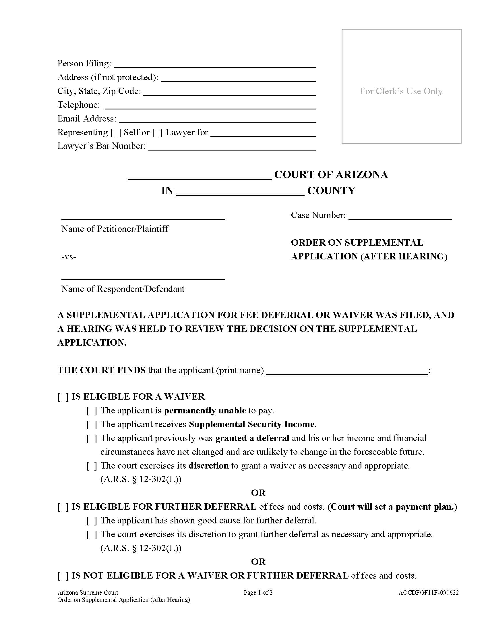 Order On Supplemental Application After Hearing {AOC DFGF11F} | Pdf Fpdf Docx | Arizona