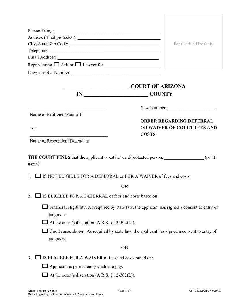 Order Regarding Deferral Or Waiver Of Court Fees And Costs {AOC DFGF2F} | Pdf Fpdf Docx | Arizona
