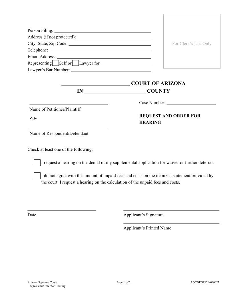 Request And Order For Hearing {AOC DFGF12F} | Pdf Fpdf Docx | Arizona