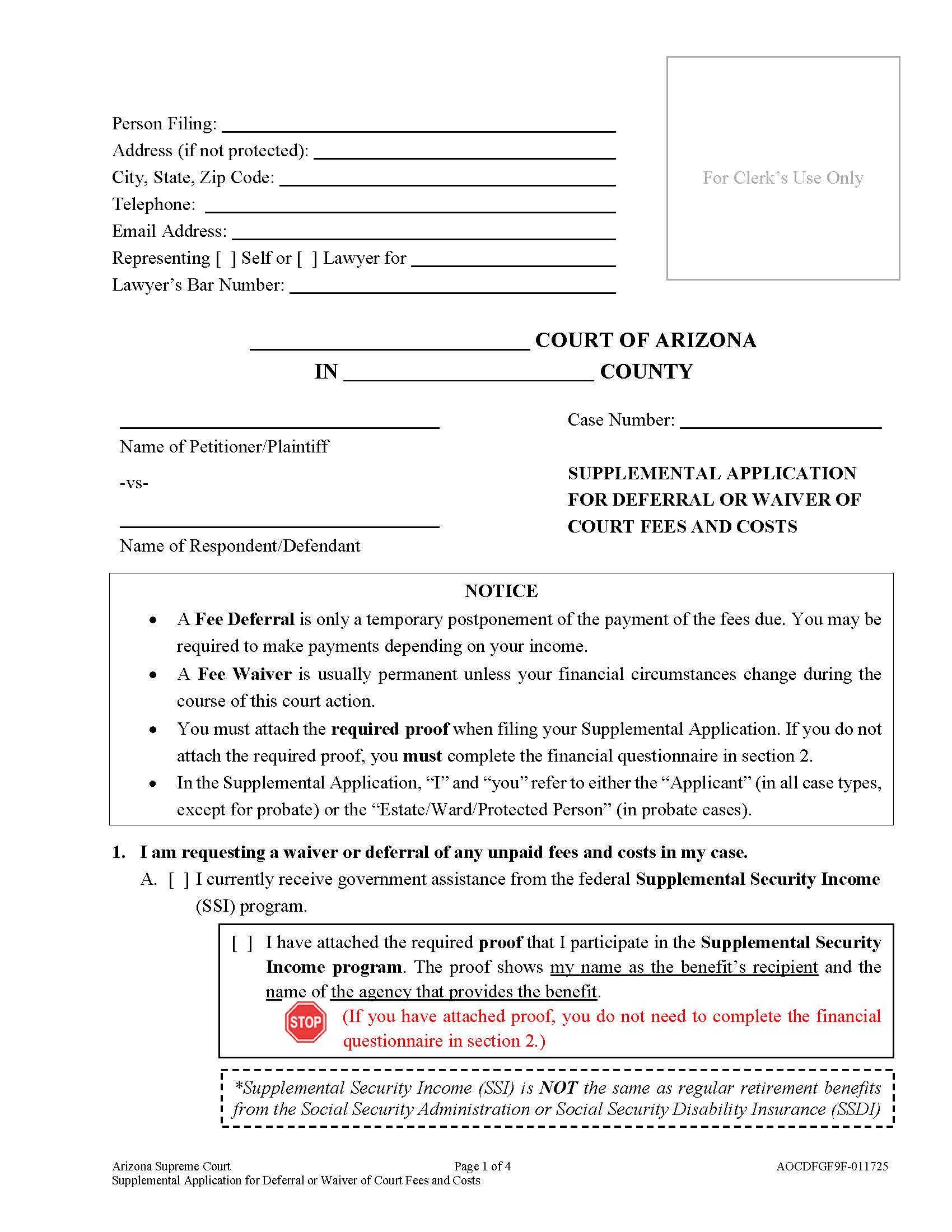 Supplemental Application For Waiver Or Further Deferral Of Court Fees And Costs {AOC DFGF9F} | Pdf Fpdf Docx | Arizona