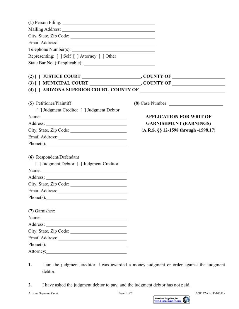 Application For Writ Of Garnishment (Earnings) {AOC CVGE1F} | Pdf Fpdf Docx | Arizona