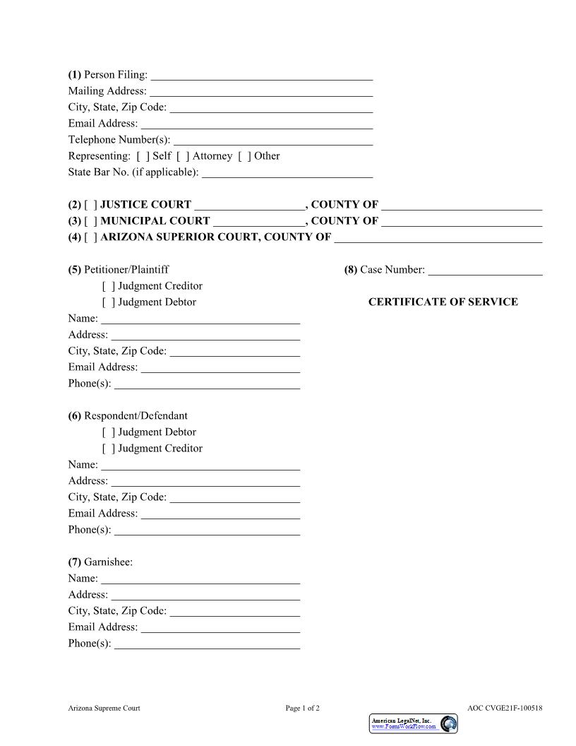 Certificate Of Service {AOC CVGE21F} | Pdf Fpdf Docx | Arizona