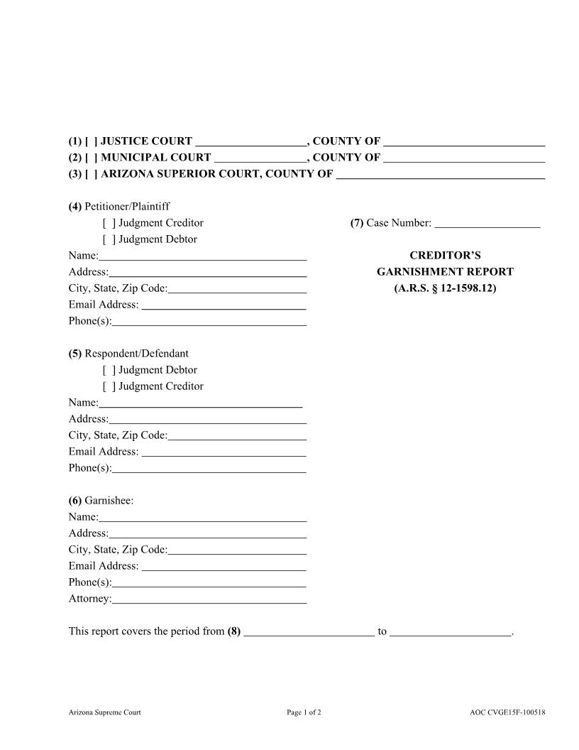Creditors Garnishment Report {AOC CVGE15F} | Pdf Fpdf Doc Docx | Arizona