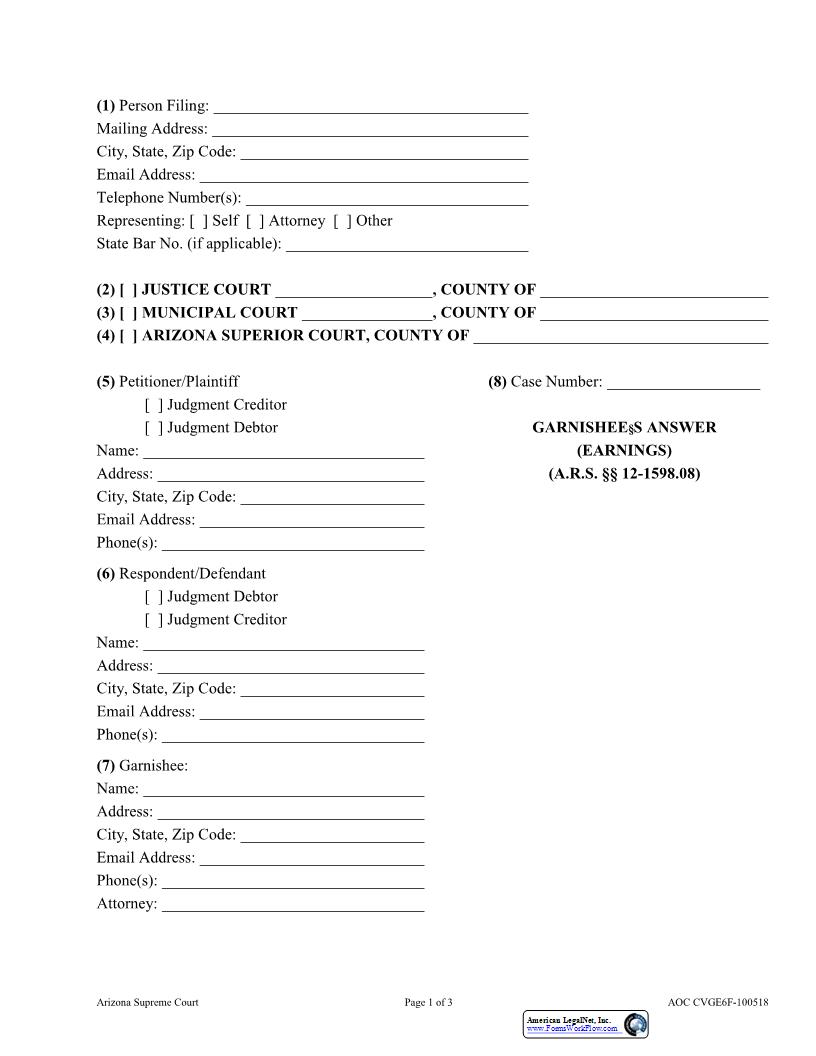 Garnishees Answer (Earnings) {AOC CVGE6F} | Pdf Fpdf Docx | Arizona