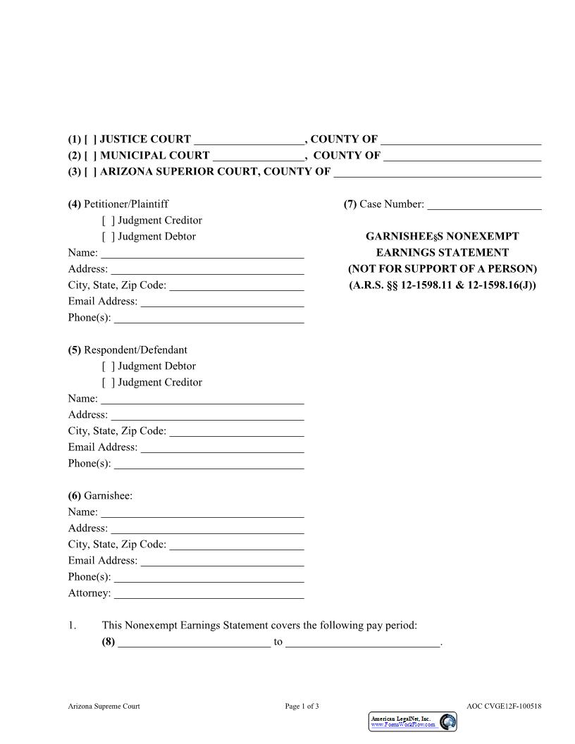 Garnishees Nonexempt Earnings Statement (Not For Support Of A Person) {AOC CVGE12F} | Pdf Fpdf Docx | Arizona