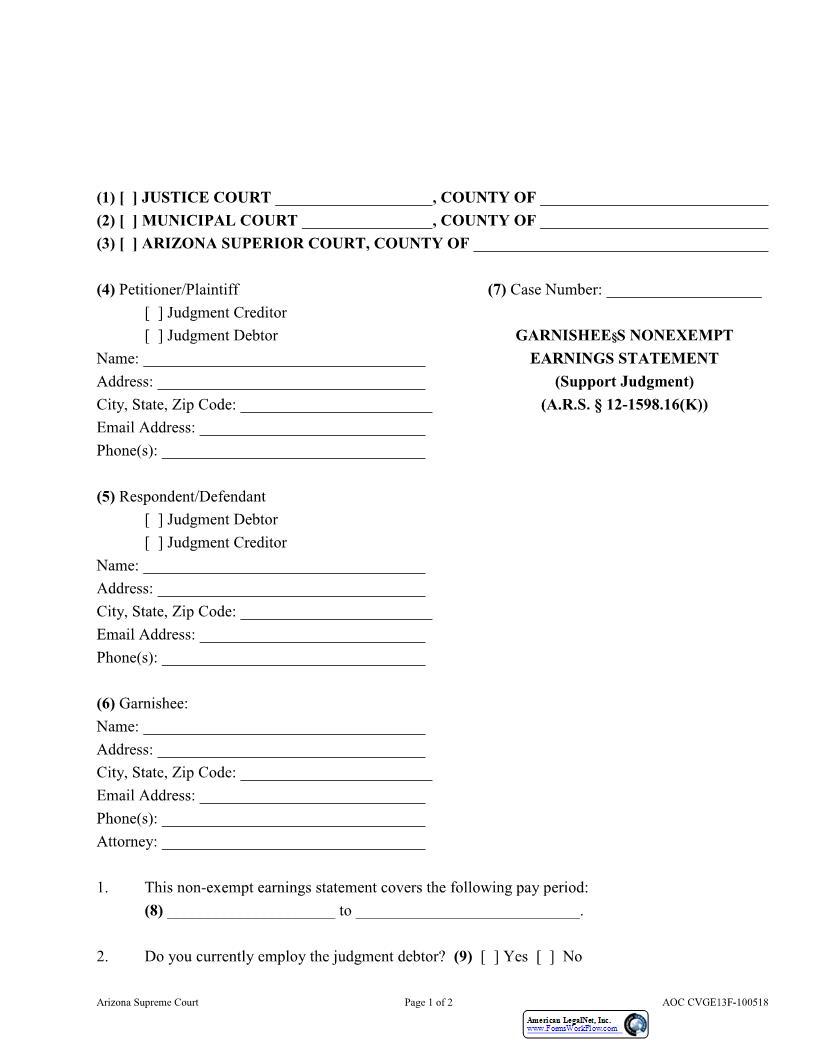 Garnishees Nonexempt Earnings Statement (Support Judgment) {AOC CVGE13F} | Pdf Fpdf Docx | Arizona