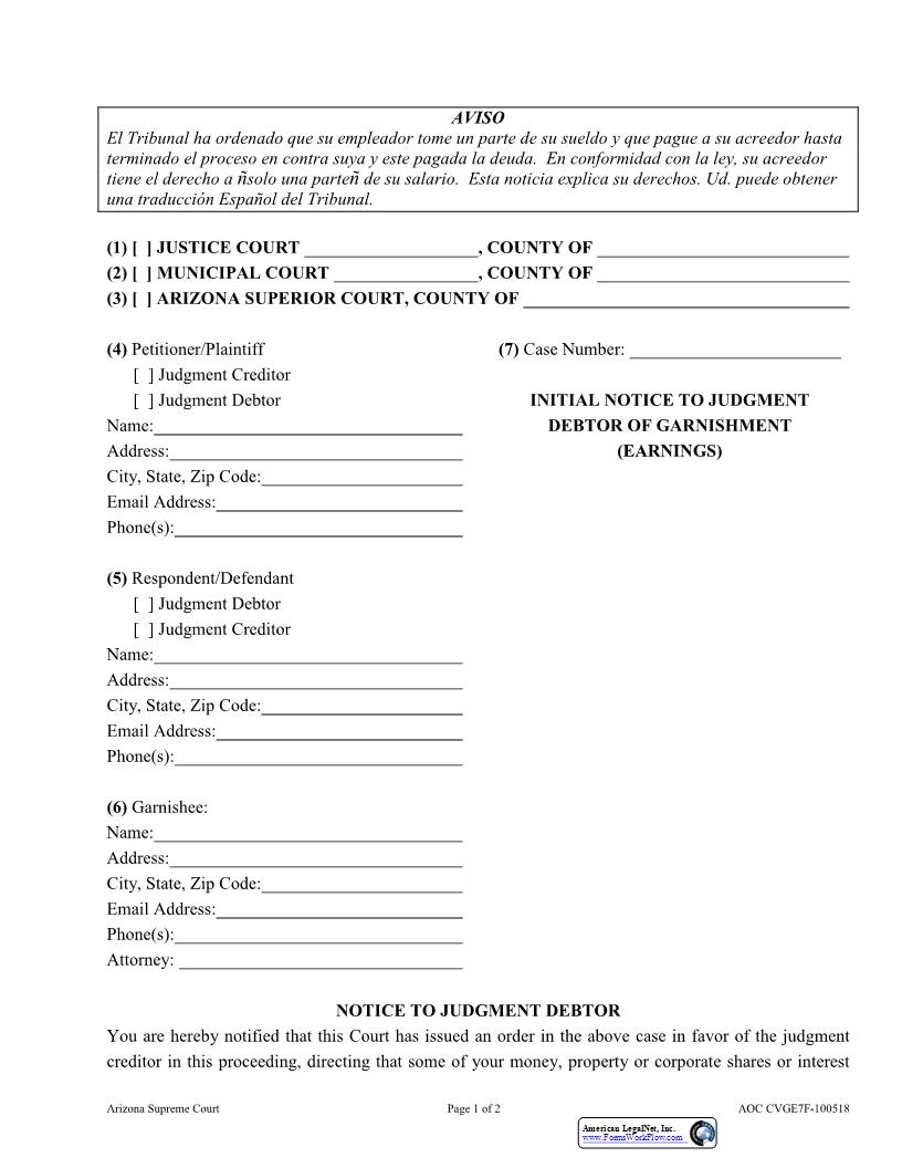 Initial Notice To Judgment Debtor Of Garnishment (Earnings) {AOC CVGE7F} | Pdf Fpdf Docx | Arizona