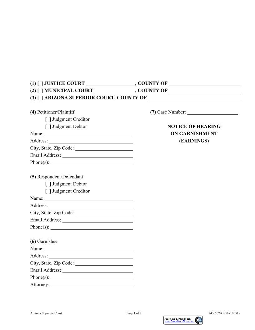 Notice Of Hearing On Garnishment (Earnings) {AOC CVGE9F} | Pdf Fpdf Docx | Arizona