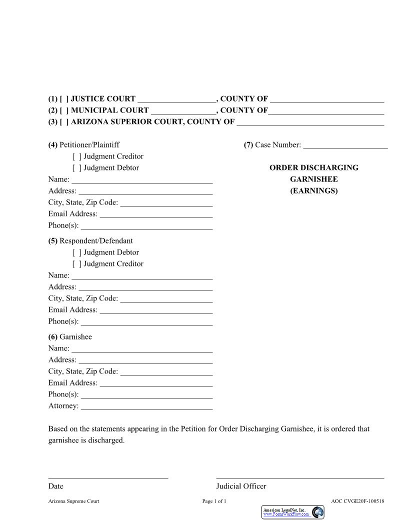 Order Discharging Garnishee (Earnings) {AOC CVGE20F} | Pdf Fpdf Docx | Arizona