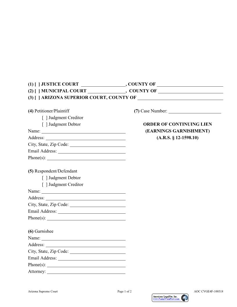Order Of Continuing Lien (Earnings Garnishment) {AOC CVGE4F} | Pdf Fpdf Docx | Arizona