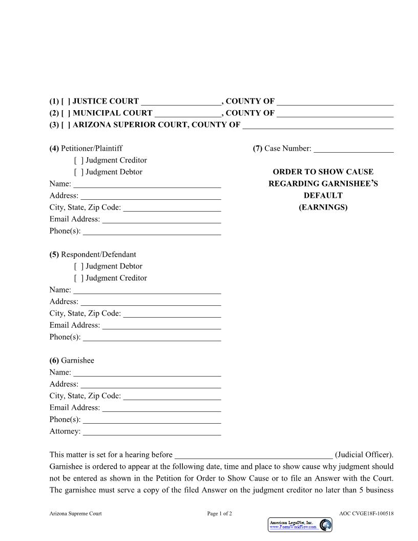 Order To Show Cause Regarding Garnishees Default (Earnings) {AOC CVGE18F} | Pdf Fpdf Docx | Arizona