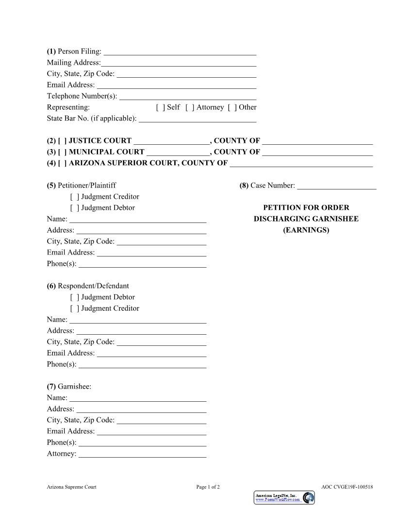 Petition For Order Discharging Garnishee (Earnings) {AOC CVGE19F} | Pdf Fpdf Docx | Arizona